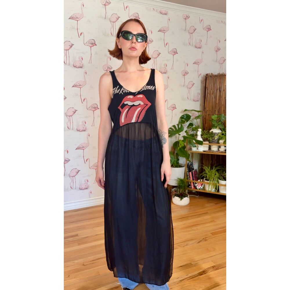 Deconstructed Rolling Stones Graphic Tank Top Chiffon Side Slit Maxi Tank Top